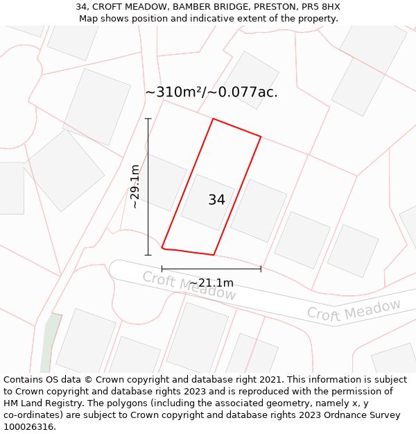 34, CROFT MEADOW, BAMBER BRIDGE, PRESTON, PR5 8HX: Plot and title map