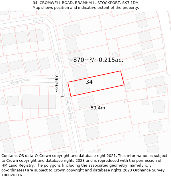 34, CROMWELL ROAD, BRAMHALL, STOCKPORT, SK7 1DA: Plot and title map