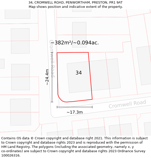 34, CROMWELL ROAD, PENWORTHAM, PRESTON, PR1 9AT: Plot and title map