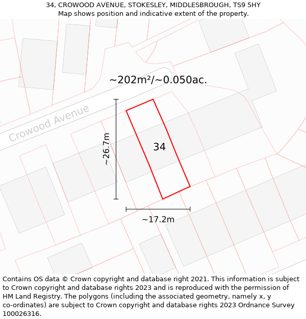 34, CROWOOD AVENUE, STOKESLEY, MIDDLESBROUGH, TS9 5HY: Plot and title map