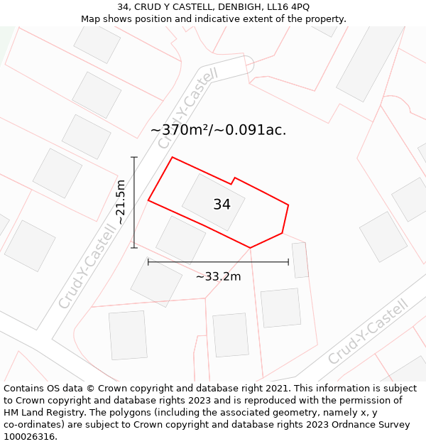 34, CRUD Y CASTELL, DENBIGH, LL16 4PQ: Plot and title map