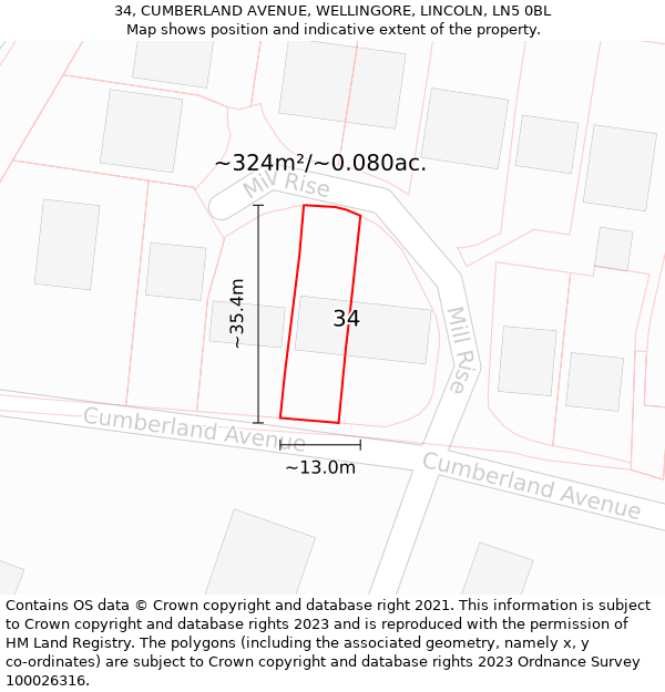 34, CUMBERLAND AVENUE, WELLINGORE, LINCOLN, LN5 0BL: Plot and title map