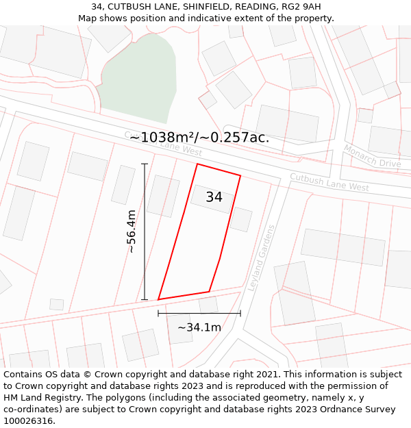 34, CUTBUSH LANE, SHINFIELD, READING, RG2 9AH: Plot and title map