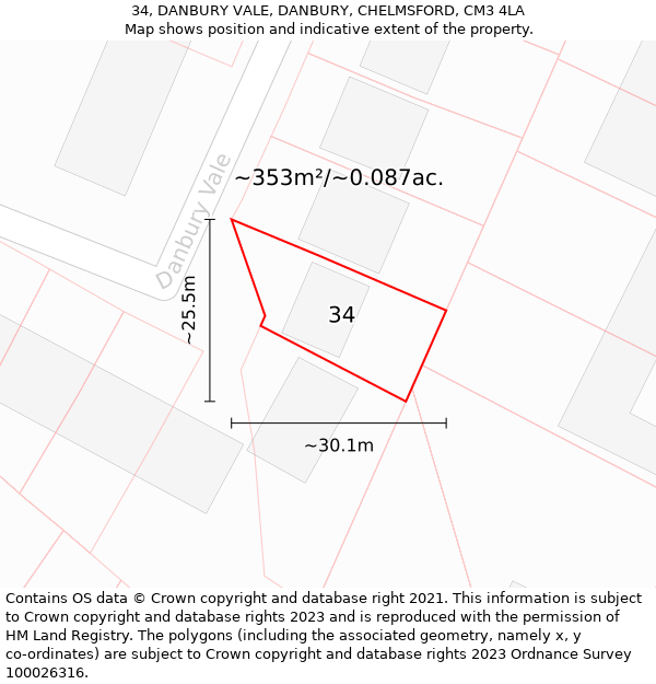 34, DANBURY VALE, DANBURY, CHELMSFORD, CM3 4LA: Plot and title map