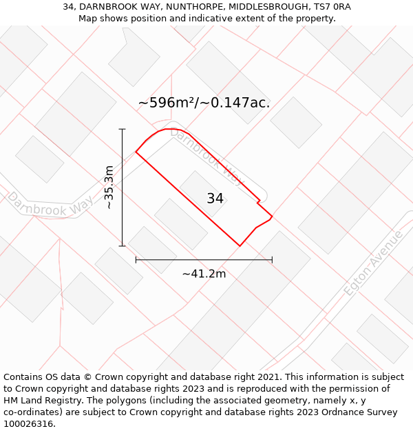 34, DARNBROOK WAY, NUNTHORPE, MIDDLESBROUGH, TS7 0RA: Plot and title map