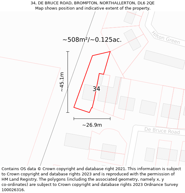 34, DE BRUCE ROAD, BROMPTON, NORTHALLERTON, DL6 2QE: Plot and title map