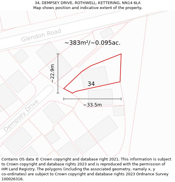 34, DEMPSEY DRIVE, ROTHWELL, KETTERING, NN14 6LA: Plot and title map