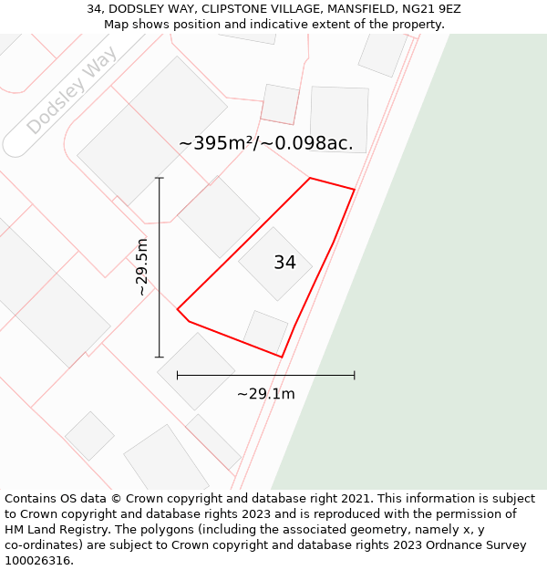 34, DODSLEY WAY, CLIPSTONE VILLAGE, MANSFIELD, NG21 9EZ: Plot and title map