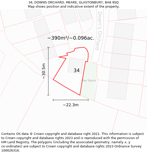 34, DOWNS ORCHARD, MEARE, GLASTONBURY, BA6 9SQ: Plot and title map