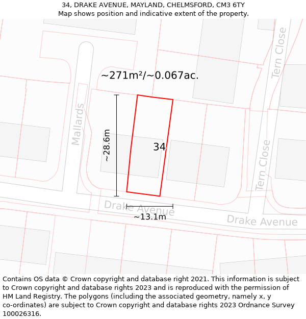 34, DRAKE AVENUE, MAYLAND, CHELMSFORD, CM3 6TY: Plot and title map