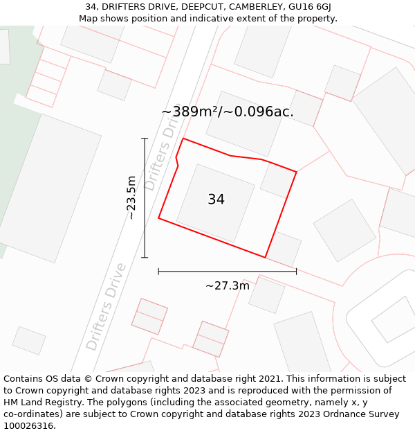 34, DRIFTERS DRIVE, DEEPCUT, CAMBERLEY, GU16 6GJ: Plot and title map