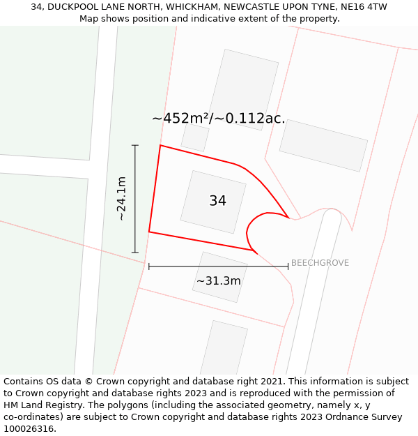 34, DUCKPOOL LANE NORTH, WHICKHAM, NEWCASTLE UPON TYNE, NE16 4TW: Plot and title map