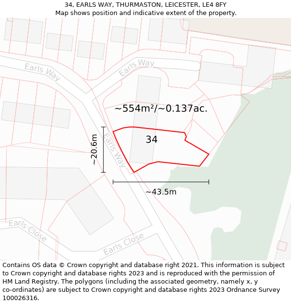 34, EARLS WAY, THURMASTON, LEICESTER, LE4 8FY: Plot and title map