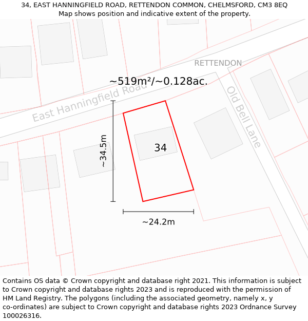 34, EAST HANNINGFIELD ROAD, RETTENDON COMMON, CHELMSFORD, CM3 8EQ: Plot and title map