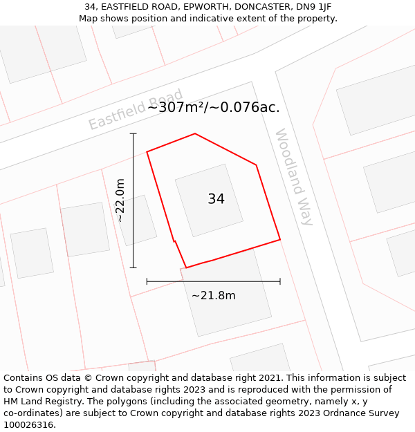 34, EASTFIELD ROAD, EPWORTH, DONCASTER, DN9 1JF: Plot and title map