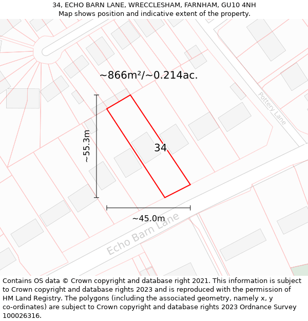 34, ECHO BARN LANE, WRECCLESHAM, FARNHAM, GU10 4NH: Plot and title map