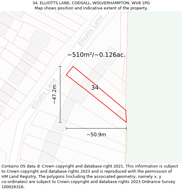 34, ELLIOTTS LANE, CODSALL, WOLVERHAMPTON, WV8 1PG: Plot and title map