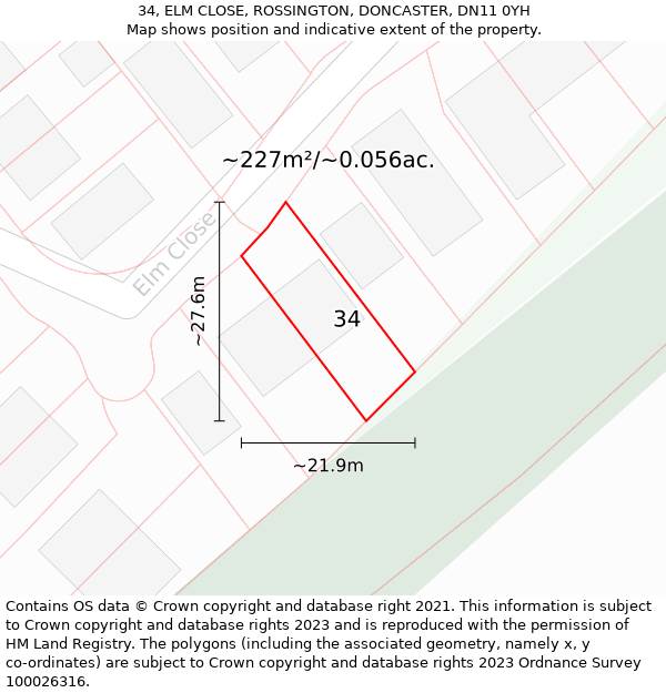 34, ELM CLOSE, ROSSINGTON, DONCASTER, DN11 0YH: Plot and title map