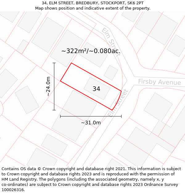 34, ELM STREET, BREDBURY, STOCKPORT, SK6 2PT: Plot and title map