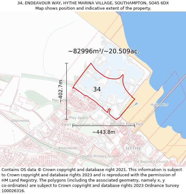 34, ENDEAVOUR WAY, HYTHE MARINA VILLAGE, SOUTHAMPTON, SO45 6DX: Plot and title map