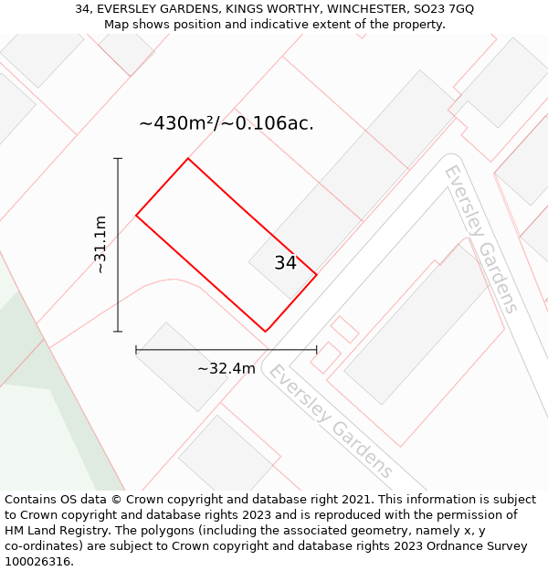 34, EVERSLEY GARDENS, KINGS WORTHY, WINCHESTER, SO23 7GQ: Plot and title map