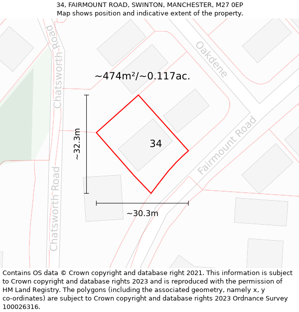 34, FAIRMOUNT ROAD, SWINTON, MANCHESTER, M27 0EP: Plot and title map