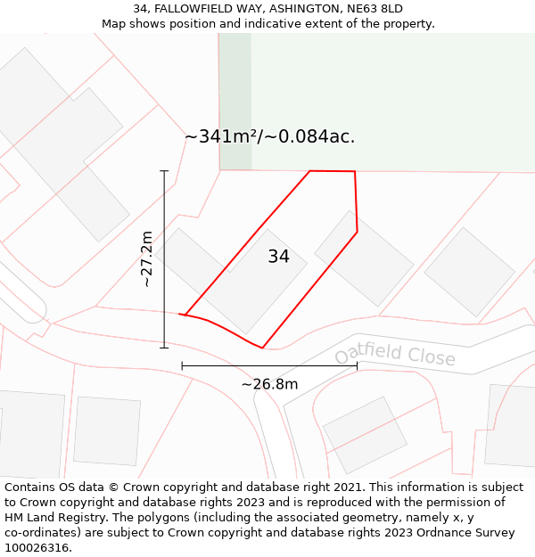 34, FALLOWFIELD WAY, ASHINGTON, NE63 8LD: Plot and title map