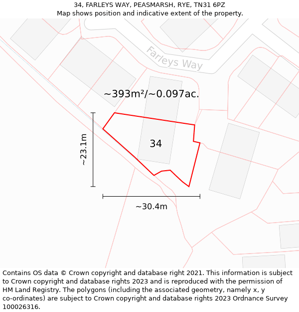 34, FARLEYS WAY, PEASMARSH, RYE, TN31 6PZ: Plot and title map