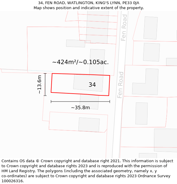 34, FEN ROAD, WATLINGTON, KING'S LYNN, PE33 0JA: Plot and title map