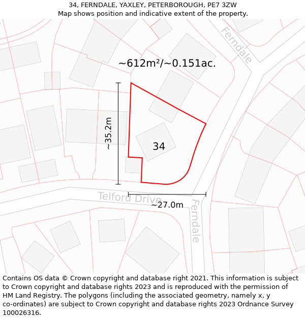 34, FERNDALE, YAXLEY, PETERBOROUGH, PE7 3ZW: Plot and title map