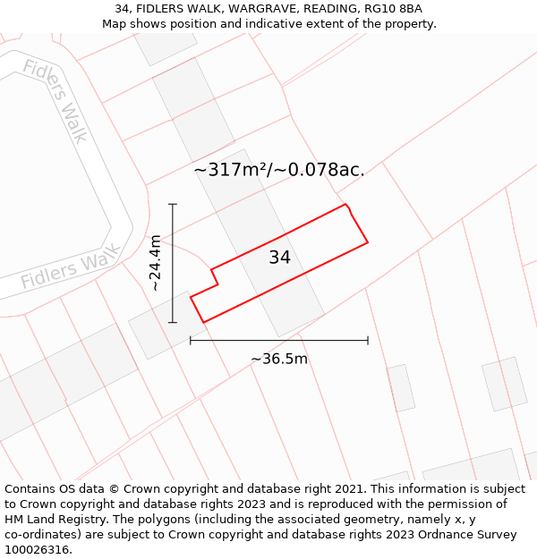 34, FIDLERS WALK, WARGRAVE, READING, RG10 8BA: Plot and title map