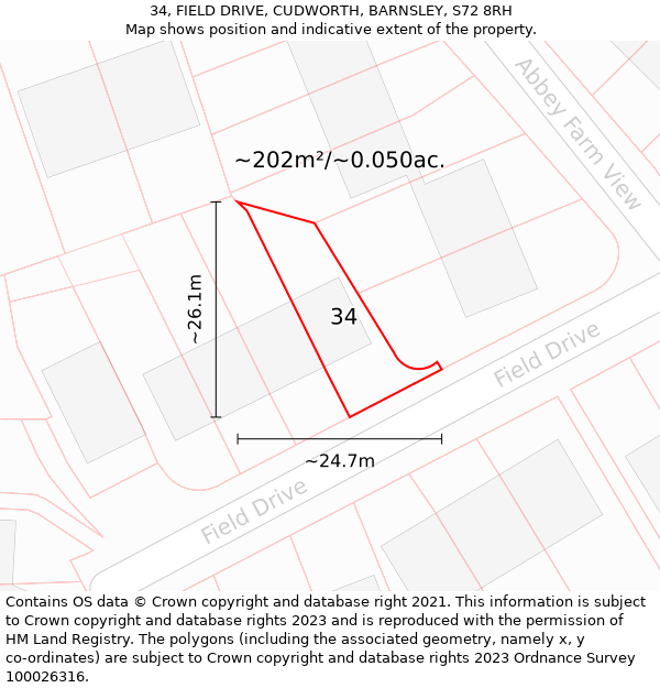 34, FIELD DRIVE, CUDWORTH, BARNSLEY, S72 8RH: Plot and title map