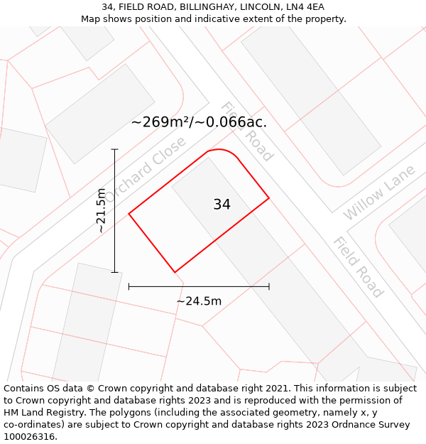 34, FIELD ROAD, BILLINGHAY, LINCOLN, LN4 4EA: Plot and title map