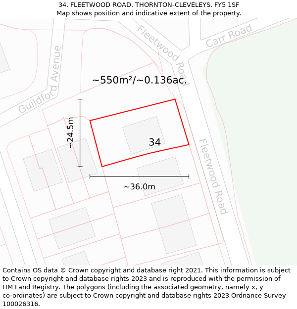 34, FLEETWOOD ROAD, THORNTON-CLEVELEYS, FY5 1SF: Plot and title map