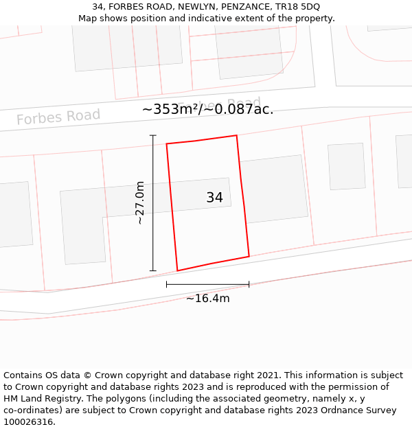 34, FORBES ROAD, NEWLYN, PENZANCE, TR18 5DQ: Plot and title map