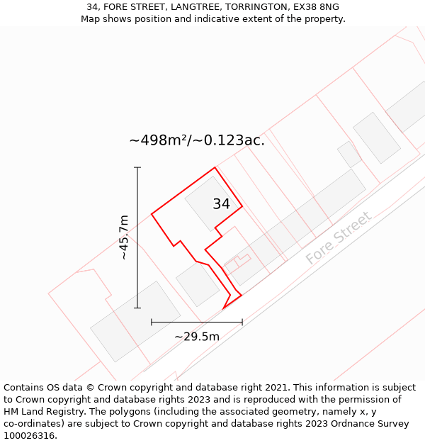 34, FORE STREET, LANGTREE, TORRINGTON, EX38 8NG: Plot and title map