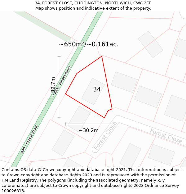 34, FOREST CLOSE, CUDDINGTON, NORTHWICH, CW8 2EE: Plot and title map