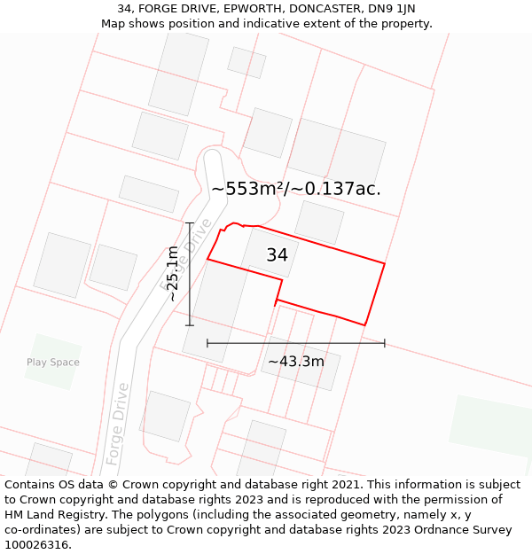 34, FORGE DRIVE, EPWORTH, DONCASTER, DN9 1JN: Plot and title map