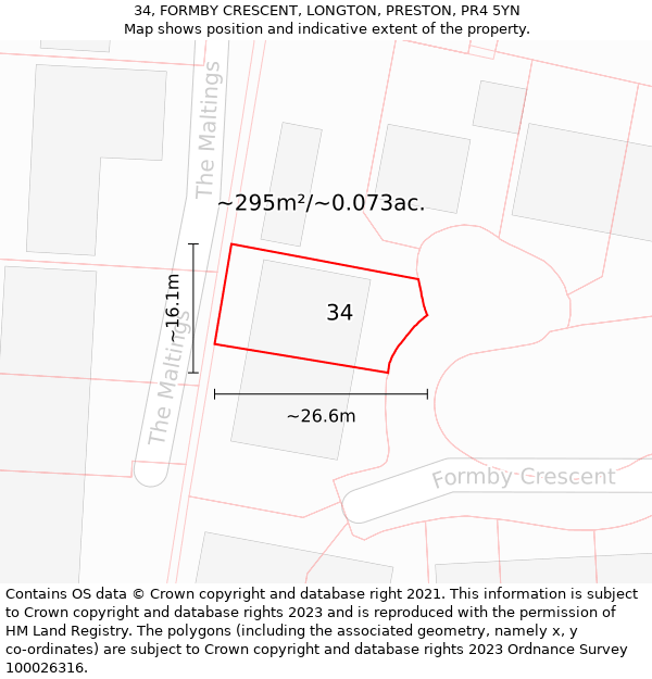 34, FORMBY CRESCENT, LONGTON, PRESTON, PR4 5YN: Plot and title map