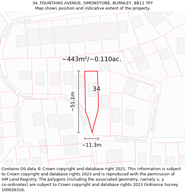 34, FOUNTAINS AVENUE, SIMONSTONE, BURNLEY, BB12 7PY: Plot and title map