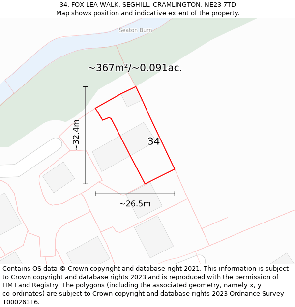 34, FOX LEA WALK, SEGHILL, CRAMLINGTON, NE23 7TD: Plot and title map