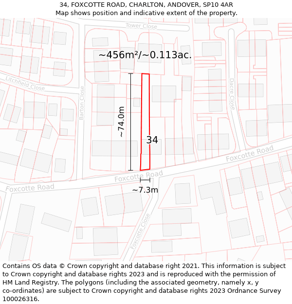 34, FOXCOTTE ROAD, CHARLTON, ANDOVER, SP10 4AR: Plot and title map