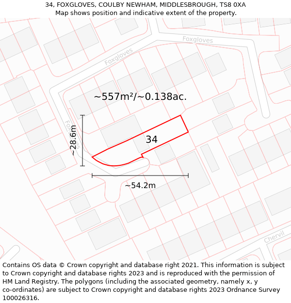 34, FOXGLOVES, COULBY NEWHAM, MIDDLESBROUGH, TS8 0XA: Plot and title map