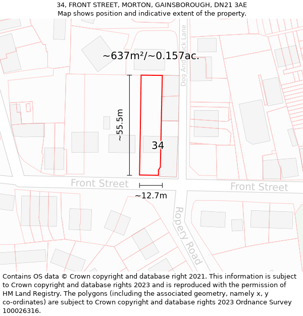 34, FRONT STREET, MORTON, GAINSBOROUGH, DN21 3AE: Plot and title map