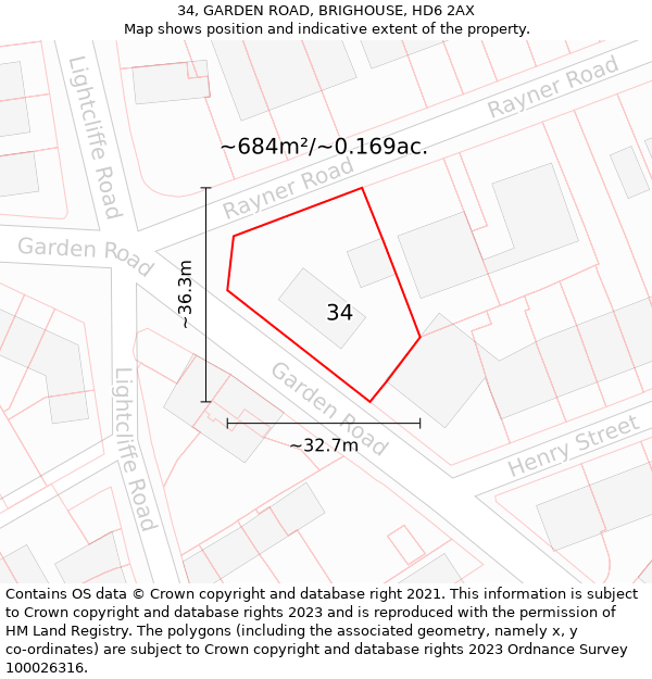 34, GARDEN ROAD, BRIGHOUSE, HD6 2AX: Plot and title map