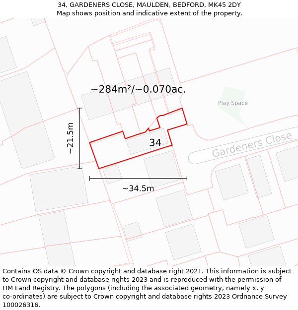 34, GARDENERS CLOSE, MAULDEN, BEDFORD, MK45 2DY: Plot and title map