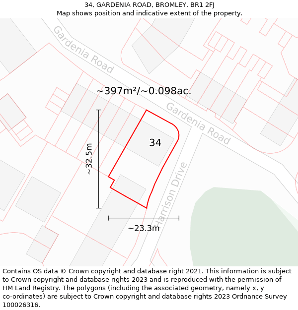 34, GARDENIA ROAD, BROMLEY, BR1 2FJ: Plot and title map