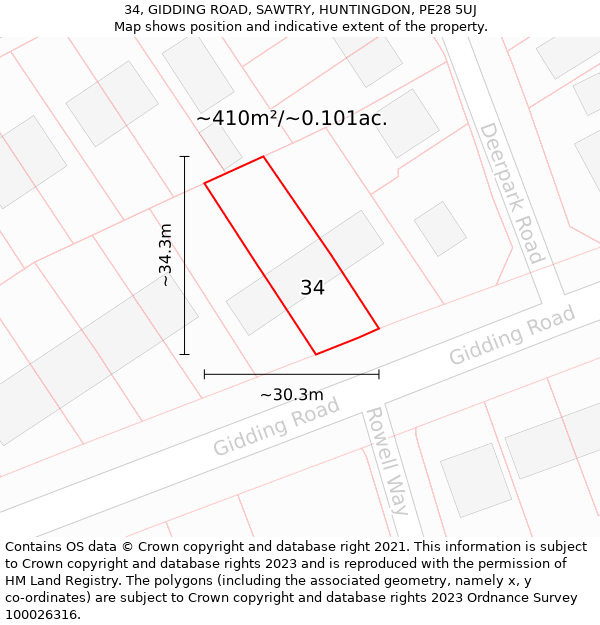 34, GIDDING ROAD, SAWTRY, HUNTINGDON, PE28 5UJ: Plot and title map