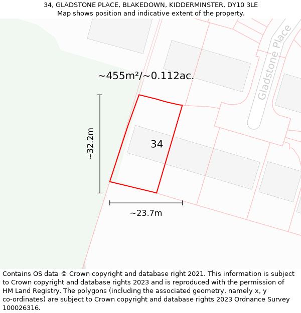 34, GLADSTONE PLACE, BLAKEDOWN, KIDDERMINSTER, DY10 3LE: Plot and title map