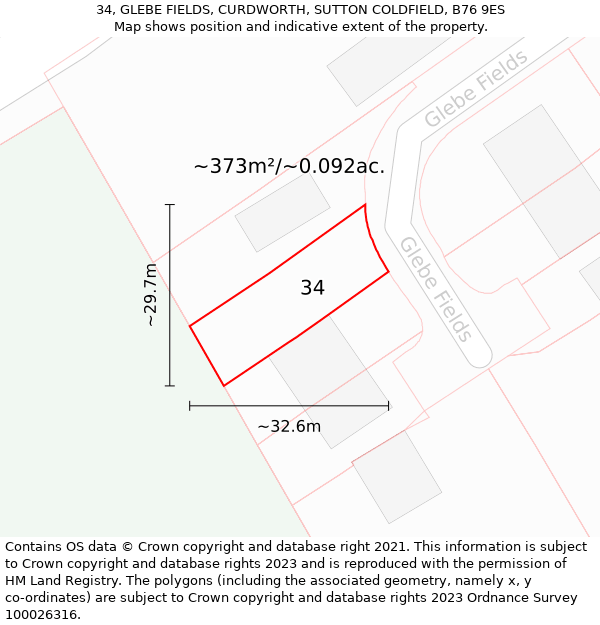 34, GLEBE FIELDS, CURDWORTH, SUTTON COLDFIELD, B76 9ES: Plot and title map